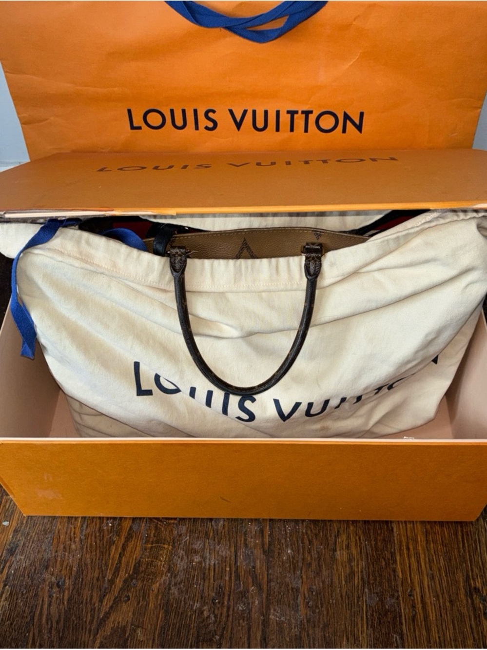 Louis Vuitton Beige Canvas Duffel with Dark Brown Leather Handles